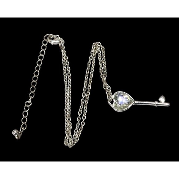 Fantasy Steampunk Heart Gemmed Key Silver Tone Pendant Necklace - Picture 2 of 6